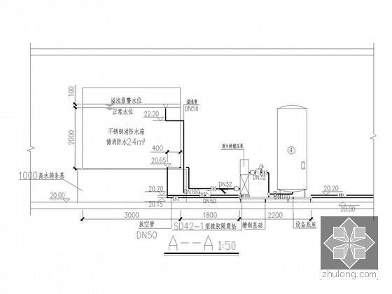 [贵州]国际会议中心建筑给排水图纸（大空间灭火 气体灭火）-水箱剖面图