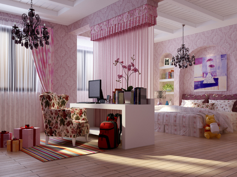 女孩卧室设计图资料下载-温馨女孩卧室3D模型下载