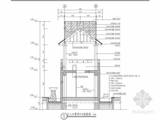 [广州]现代风格居住区绿化施工全套图纸-主入口景亭剖面图