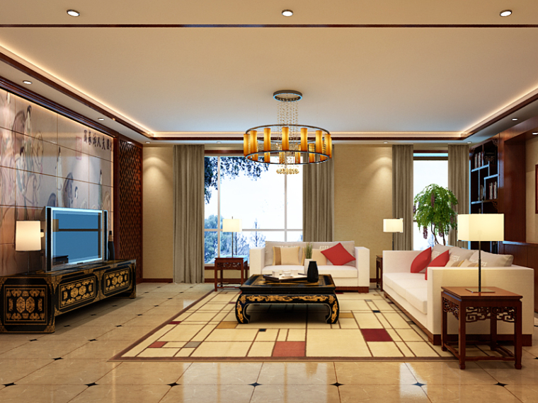 沙发中式客厅资料下载-清新中式客厅3D模型下载