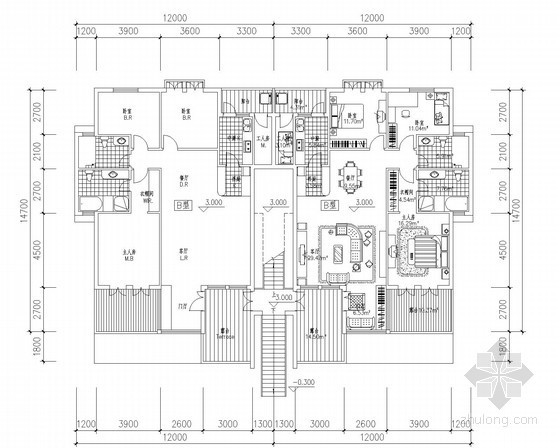 户型cad叠拼资料下载-[北京]某叠拼别墅户型平面图（126、139平方米）