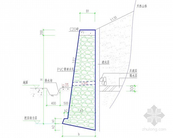 毛石挡土墙施工图dwg资料下载-毛石挡土墙结构大样图