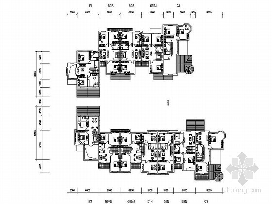250平联排别墅户型图资料下载-某三层联排别墅组合户型图
