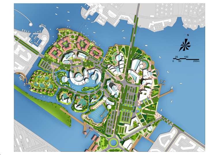 SU城市设计模型资料下载-城市设计，滨水商业街区城市设计（cad，su模型）