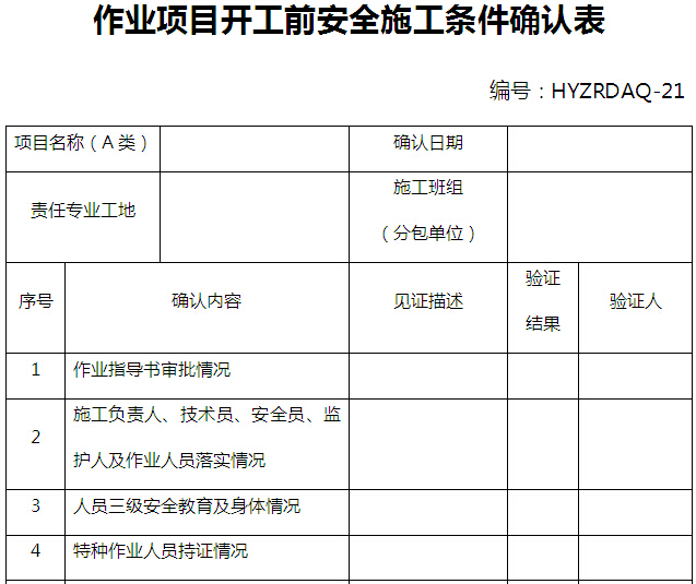 电厂项目安全文明施工管理制度汇编(364页，编制详细)-作业项目开工前安全施工条件确认表