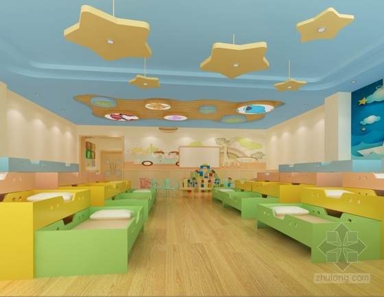 [新疆]维吾尔自治区清新现代风格幼儿园CAD装修施工图（含效果）教室效果图