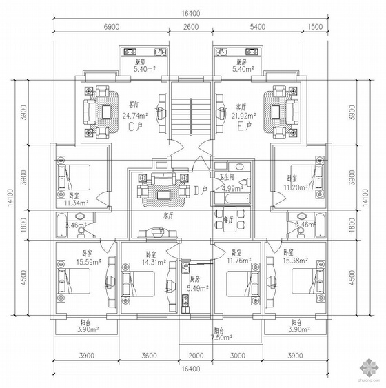 二室一厅一卫户型图资料下载-板式多层一梯三户户型图(71/71/61)