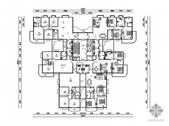剪刀梯住宅建筑图资料下载-塔式高层一梯六户型图（184/128/151）