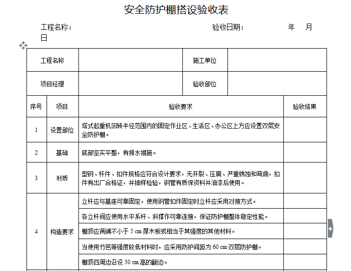 安全防护棚PPT资料下载-安全防护棚搭设验收表