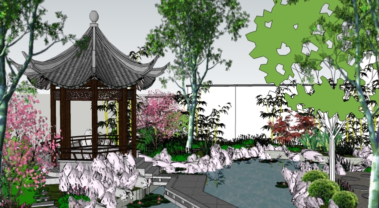 私家别墅建筑模型资料下载-别墅中式私家花园景观SU模型