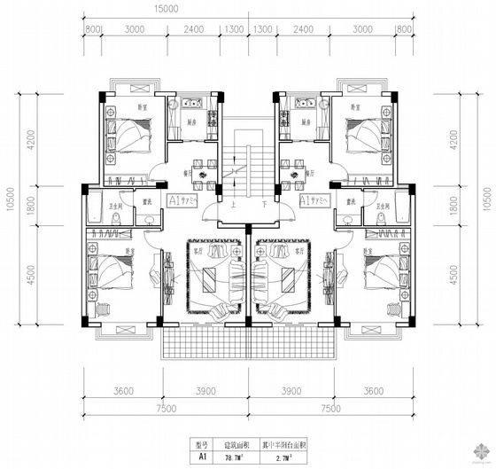 板式2梯4户型资料下载-板式多层一梯两户户型图(79/79)