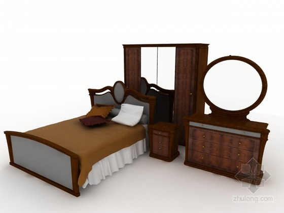 CAD欧式梳妆台资料下载-欧式梳妆台床柜组合3d模型下载