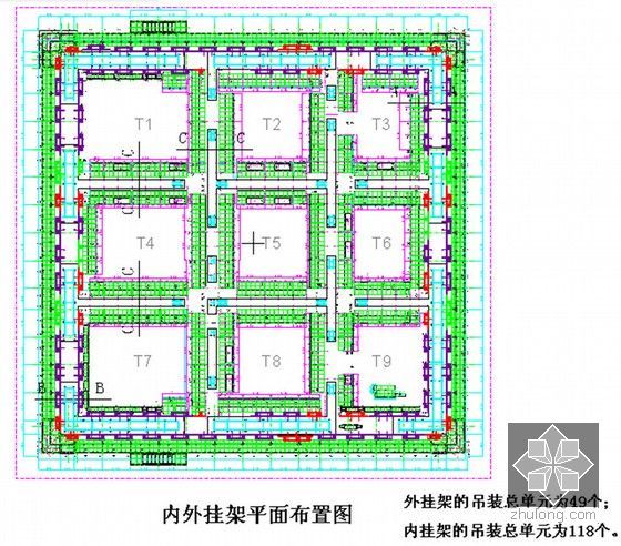 [广东]超高层地标性钢混结构商务楼顶模系统施工工艺-内外挂架平面布置图