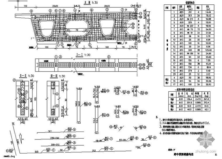 横梁钢筋打断资料下载-某30m预应力小箱梁跨中横梁钢筋节点构造详图