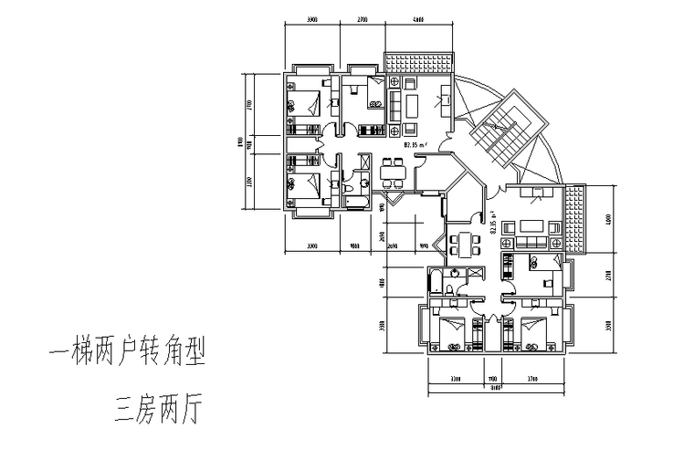 60种多层点式及塔式小高层户型平面图（60张）-一梯两户三房二厅平面图