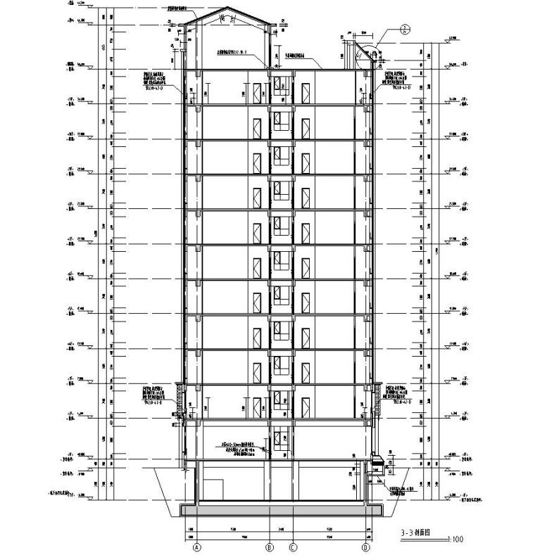 [宁夏]高层坡屋顶剪力墙结构老年公寓建筑施工图（含效果图）-高层坡屋顶剪力墙结构老年公寓建筑剖面图