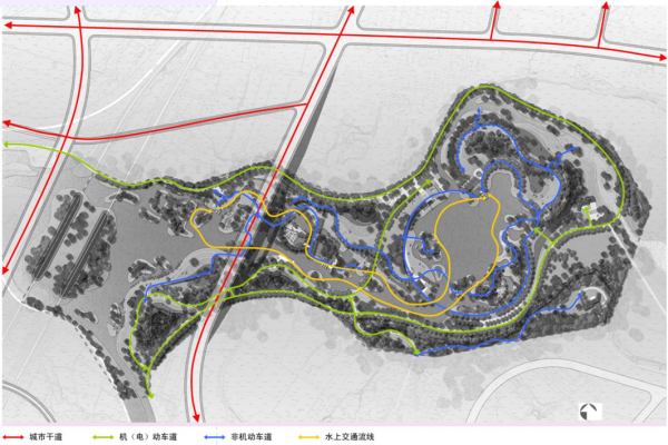[山西]生态水岛湿地公园景观规划设计方案-交通流线分析图