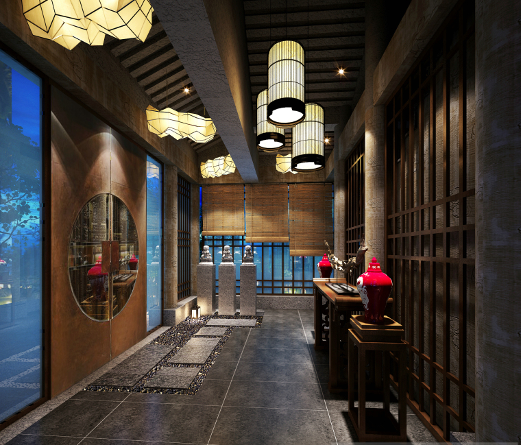 新中式--禅意茶楼餐厅设计施工图（附效果图）-秀门厅