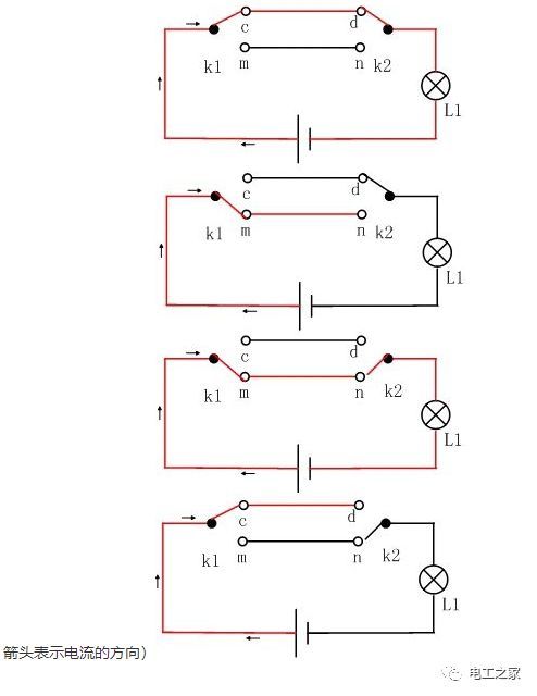 电机联锁正反转控制电路图资料下载-详解双控 三控 多控开关电路图