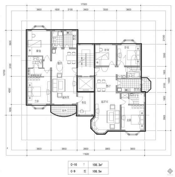 四层住宅一梯两户户型图资料下载-塔式高层一梯两户户型图(108/109)