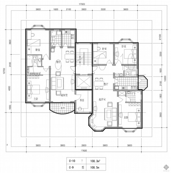 高层塔式住宅CAD户型图资料下载-塔式高层一梯两户户型图(108/109)