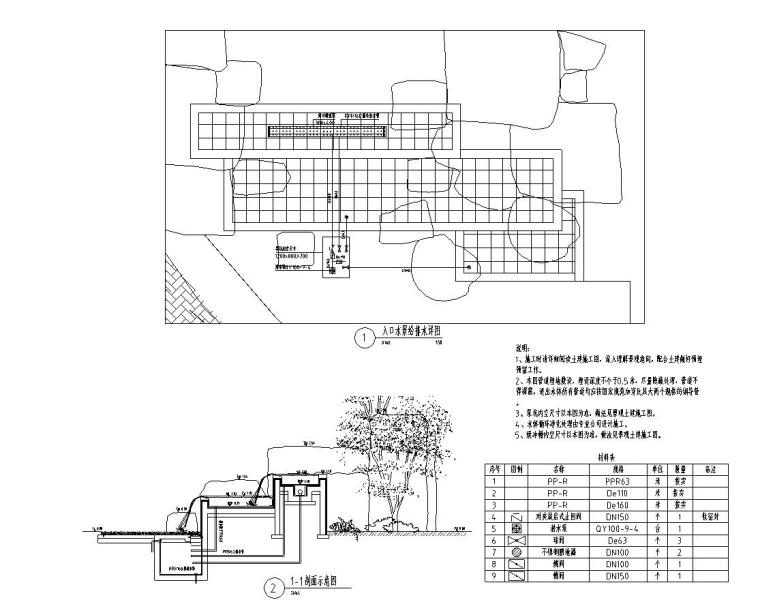 [重庆]九里晴川示范区给排水施工图设计（CAD）-入口水景给排水详图