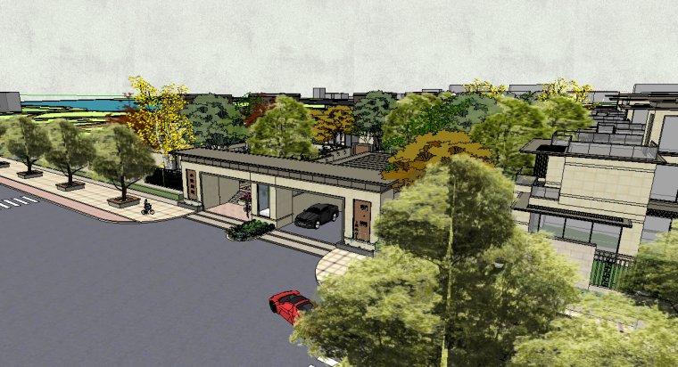 ​明州水院别墅居住区小区景观SU模型设计（新中式风格）-场景二