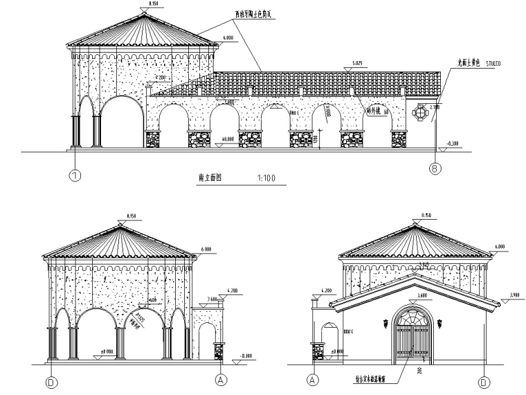 单层外立面施工图纸资料下载-西班牙风格独栋单层售楼处建筑设计方案施工图CAD