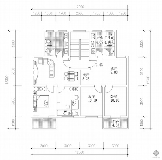 18层板式住宅户型图资料下载-板式多层一梯两户户型图(66/66)