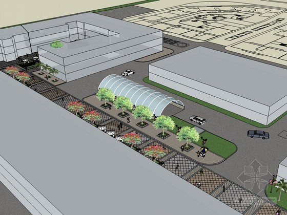 入口广场植物设计资料下载-车库入口广场SketchUp模型下载