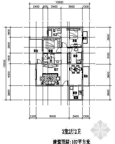 三室两厅一厨两卫建筑设计资料下载-三室两厅一厨两卫107平方米