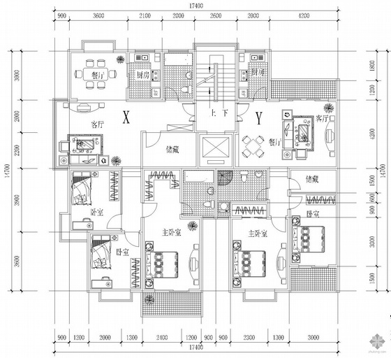 一梯两户高层住宅户型图纸资料下载-板式高层一梯两户户型图(136/97)