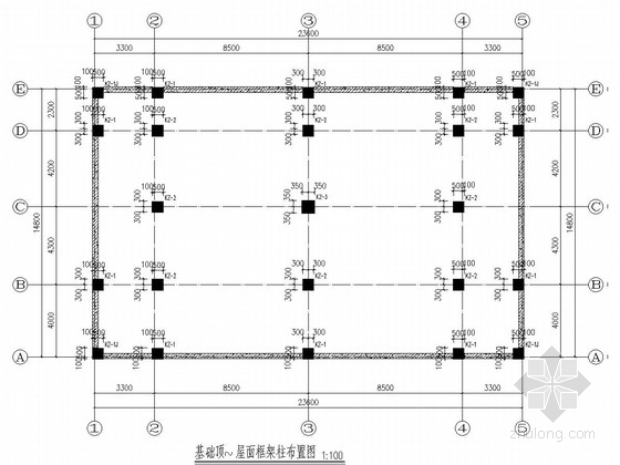 两层框架结构嘉年华游乐园城堡建筑结构施工图-基础顶~屋面框架柱布置图 