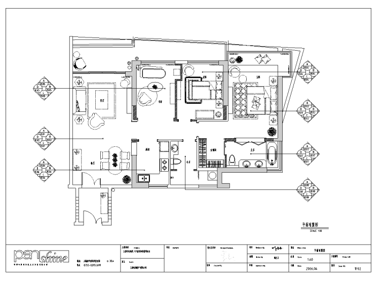 三亚时代海岸C1户型样板间黄色西班牙室内设计施工图-平面布置图