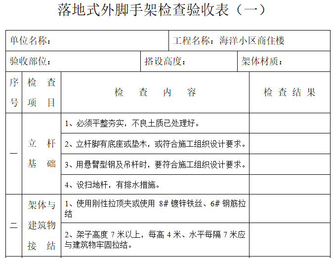 落地式外脚手架检查验收表