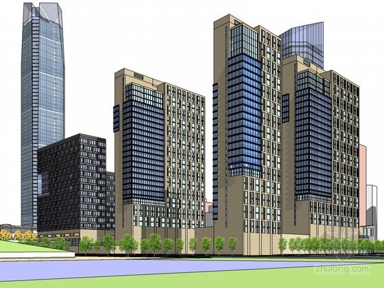 商业区广场设计理念资料下载-商业区建筑SketchUp模型下载