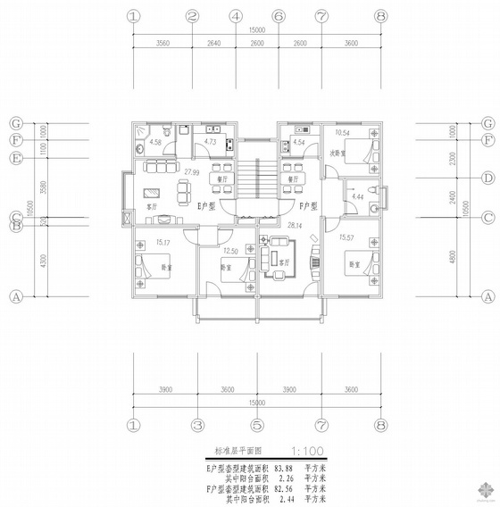 两梯两户住宅户型图资料下载-板式多层一梯两户户型图(84/83)