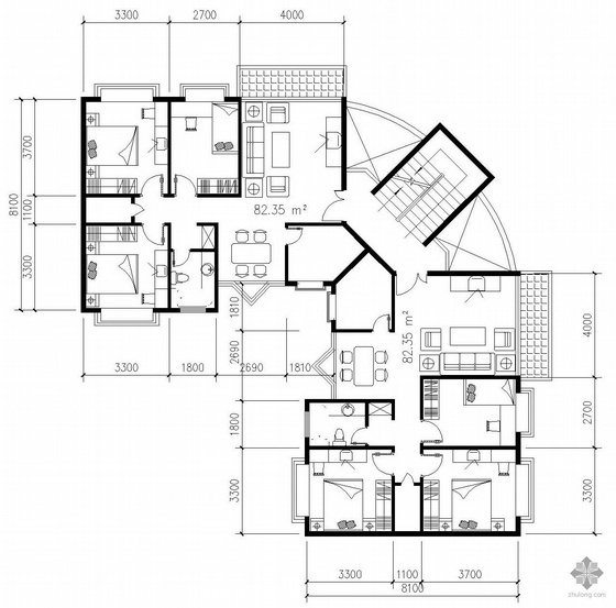 户型平面转角资料下载-板式多层一梯二户转角型三室二厅户型图(82/82)
