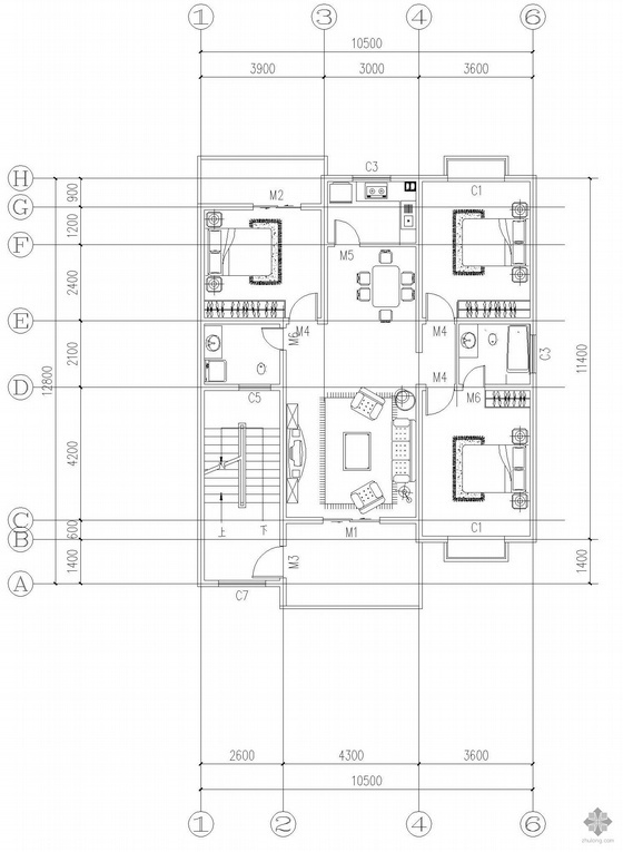 三室两卫一厅装修资料下载-板式多层一梯两户三室一厅二卫户型图(126/126)