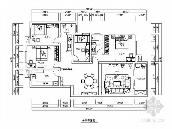140平方米四居室资料下载-[深圳]140平某中式四室两厅装修图（含效果）