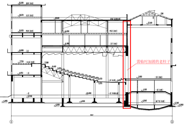 [上海]框架结构改造项目施工组织设计（168页）-基坑内老柱子加固示意图