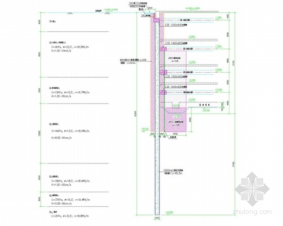 [上海]20米深基坑两墙合一地下连续墙加四道混凝土支撑支护施工图-基坑支护剖面图 