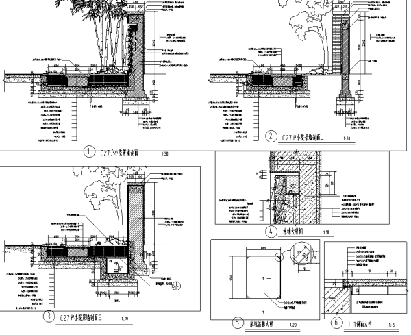 [北京]6套中式私家庭院花园景观设计施工图（附方案文本）-跌水景墙设计详图