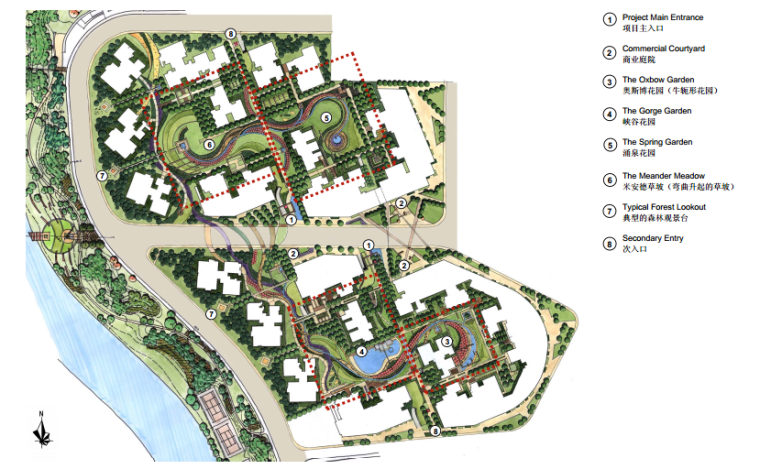 社区cad平面图资料下载-[四川]“河流”概念高档生态居住型社区景观规划设计（附CAD）