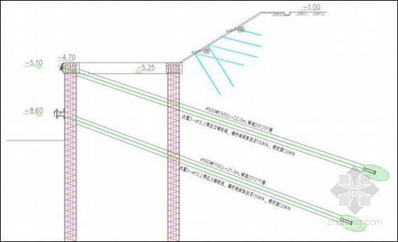 [江苏]16米深基坑桩撑及锚桩支护施工方案（毛竹插筋 旋喷搅拌加劲桩）-锚桩支护剖面 