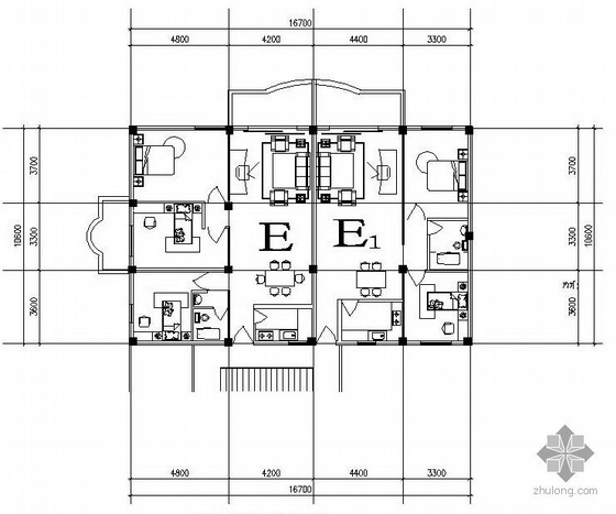 CAD三层中式双拼别墅资料下载-三层双拼别墅户型图(90/90)