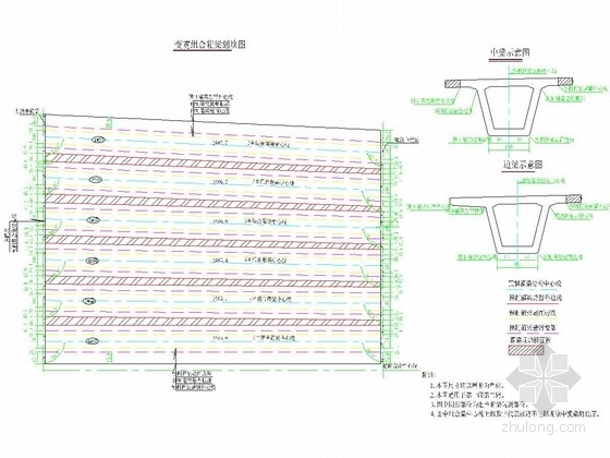 [江苏]三跨预应力混凝土变截面连续箱梁桥全套施工图（近200张）-变宽组合箱梁划块图 