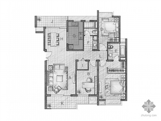 建筑户型平面图跃层资料下载-复式三室二厅户型平面图（172）