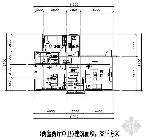 两室两厅两卫平面图资料下载-两室两厅一厨两卫88平方米