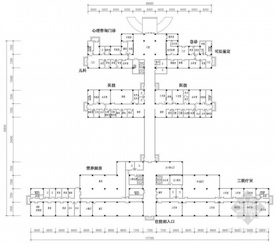 精神专科医院施工资料下载-某五层300床规模精神卫生专科医院建筑方案图